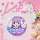 Happy Birthday fun roze paarse anime Papieren Bordje (Feest)