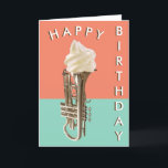 Happy Birthday Funny Music Humor Ice Cream Cornet Kaart<br><div class="desc">Blijf koel en stuur een muzikant een ijskornet voor hun verjaardag. Op deze humoristische kaart staat het muziekinstrument met het bevroren dessert op een moderne perzik- en turquoise achtergrond, met stijlvolle retro belettering voor de 'Happy Birthday' groet. De tekst op de kaart is ook "Happy Birthday". Zeker om iedereen in...</div>