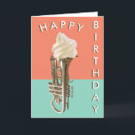 Happy Birthday Funny Music Humor Ice Cream Cornet Kaart<br><div class="desc">Blijf koel en stuur een muzikant een ijskornet voor hun verjaardag. Op deze humoristische kaart staat het muziekinstrument met het bevroren dessert op een moderne perzik- en turquoise achtergrond, met stijlvolle retro belettering voor de 'Happy Birthday' groet. De tekst op de kaart is ook "Happy Birthday". Zeker om iedereen in...</div>