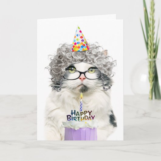 Happy Birthday Funny Old Lady Cat in Party Pet Feestdagen Kaart (Voorkant)