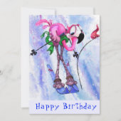 Happy Birthday - Funny Pink Flamingo Skier (Voorkant)