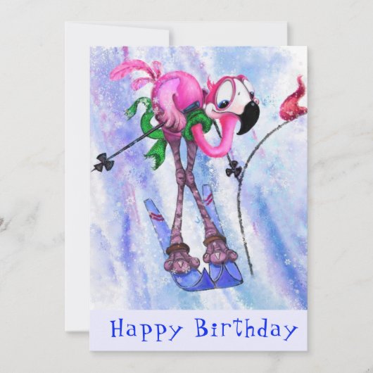 Happy Birthday - Funny Pink Flamingo Skier (Voorkant)