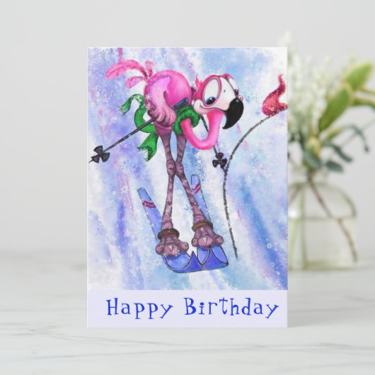 Happy Birthday - Funny Pink Flamingo Skier (Staand voorkant)