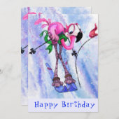 Happy Birthday - Funny Pink Flamingo Skier (Voorkant / Achterkant)