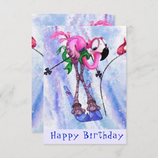 Happy Birthday - Funny Pink Flamingo Skier - Fun (Voorkant / Achterkant)