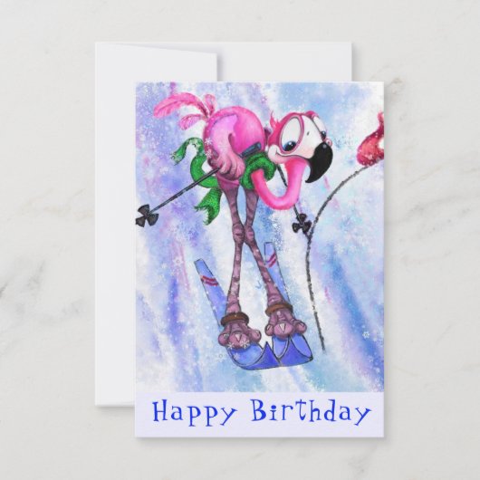 Happy Birthday - Funny Pink Flamingo Skier - Fun (Voorkant)