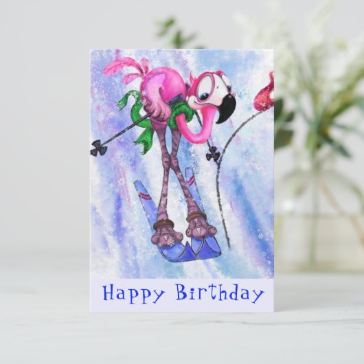 Happy Birthday - Funny Pink Flamingo Skier - Fun (Staand voorkant)