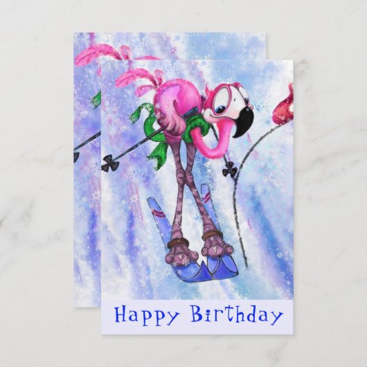 Happy Birthday - Funny Pink Flamingo Skier - Fun (Voorkant / Achterkant)