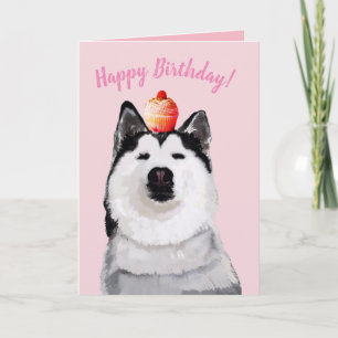 Happy Birthday Funny Post Kaart, Husky, Taart Kaart