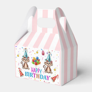 Happy Birthday Gable Favor Box Pink Stripe Monkeys Bedankdoosjes