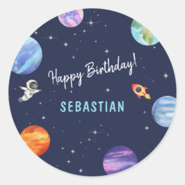 Happy Birthday Galaxy Rocket Ship Waterverf Ronde Sticker