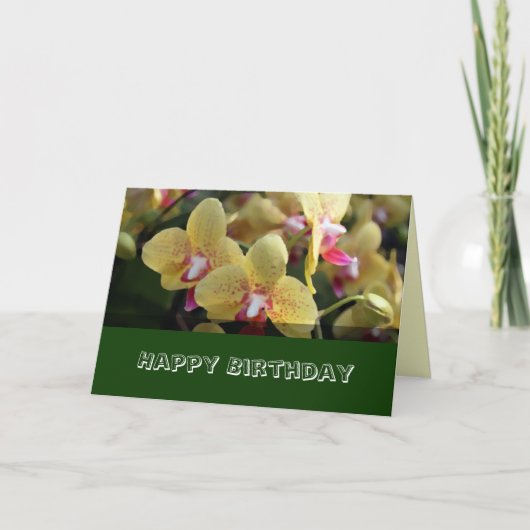 Happy Birthday, gele orchidee bloemen Kaart (Voorkant)