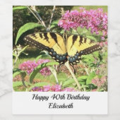 Happy Birthday Gele Vlinder Roze Bloemen Wijn Etiket (Enkel label)