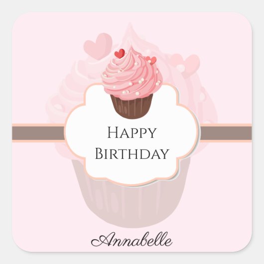 Happy Birthday | GEPERSONALISEERD | | Cupcake Vierkante Sticker (Voorkant)