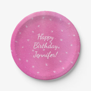 Happy Birthday gepersonaliseerd roze witte sterren Papieren Bordje