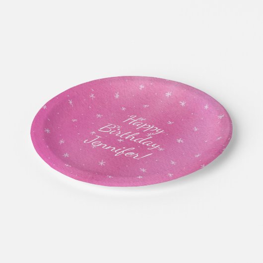 Happy Birthday gepersonaliseerd roze witte sterren Papieren Bordje (Gekanteld)