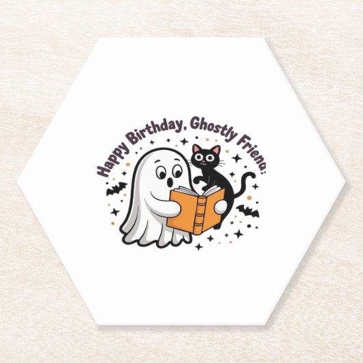 Happy Birthday Ghost Cat PNG - Spooky Schattige Cl Kartonnen Onderzetters (Voorkant)