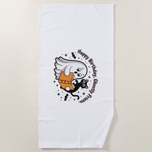 Happy Birthday Ghost Cat PNG - Spooky Schattige Cl Strandlaken (Voorkant)