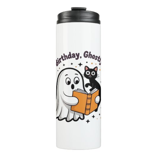Happy Birthday Ghost Cat PNG - Spooky Schattige Cl Thermosbeker (Voorkant)