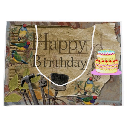 Happy Birthday Gift Bag Construction Tools Groot Cadeauzakje (Voorkant)
