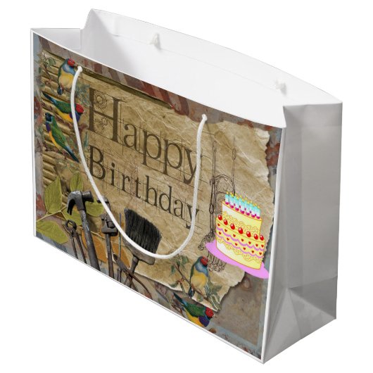 Happy Birthday Gift Bag Construction Tools Groot Cadeauzakje (Achterkant Gekanteld)