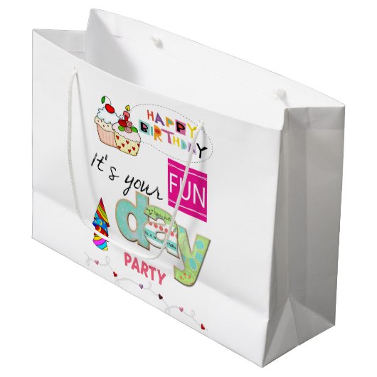 Happy Birthday Gift Bag FUN Cupcake Groot Cadeauzakje (Voorkant Gekanteld)