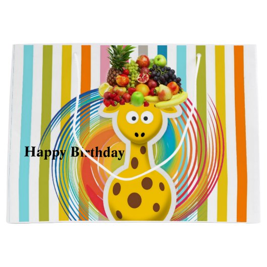 Happy Birthday Gift Bag Giraffe Fruit Stripe Groot Cadeauzakje (Voorkant)