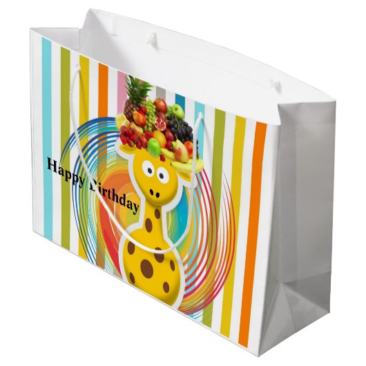 Happy Birthday Gift Bag Giraffe Fruit Stripe Groot Cadeauzakje (Achterkant Gekanteld)