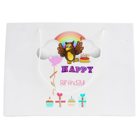 Happy Birthday Gift Bag Owl Groot Cadeauzakje (Voorkant)
