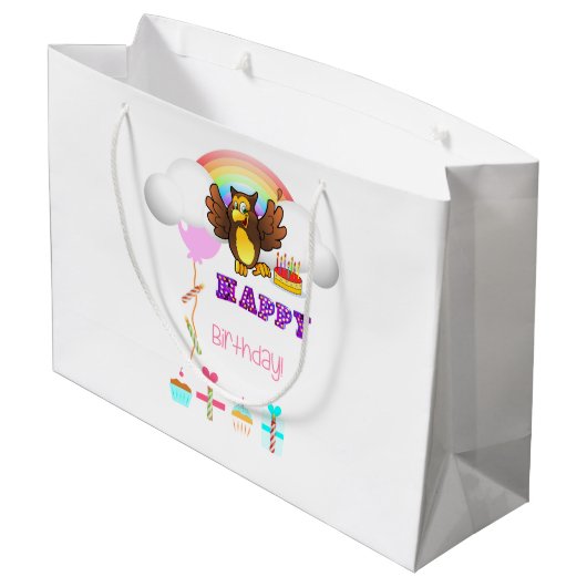 Happy Birthday Gift Bag Owl Groot Cadeauzakje (Achterkant Gekanteld)