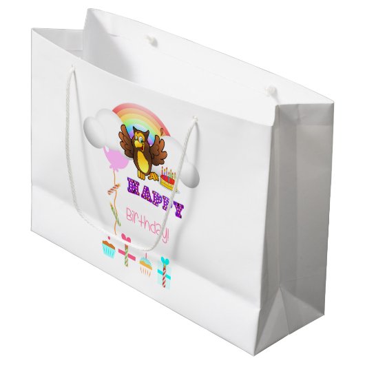 Happy Birthday Gift Bag Owl Groot Cadeauzakje (Voorkant Gekanteld)
