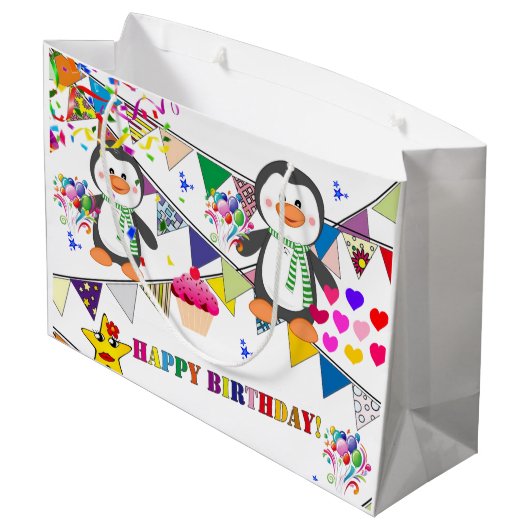 Happy Birthday Gift Bag Penguin Groot Cadeauzakje (Achterkant Gekanteld)