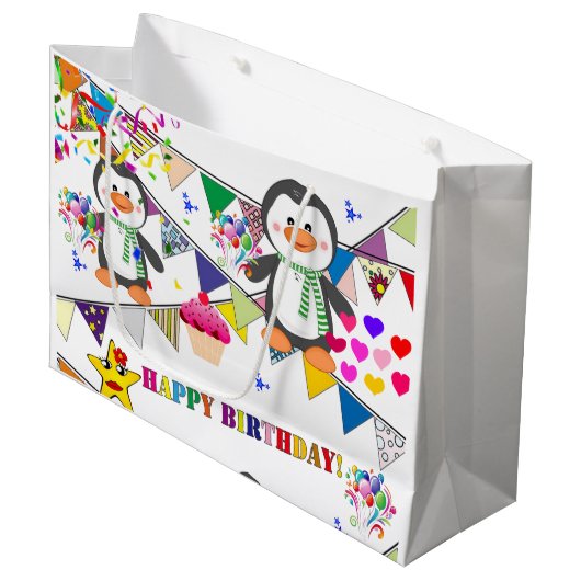 Happy Birthday Gift Bag Penguin Groot Cadeauzakje (Voorkant Gekanteld)
