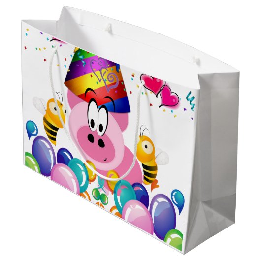 Happy Birthday Gift Bag Pink Pig Bumblebee Groot Cadeauzakje (Achterkant Gekanteld)