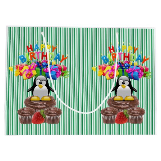 Happy Birthday Gift Bag Stripe Penguin Groot Cadeauzakje (Achterkant)