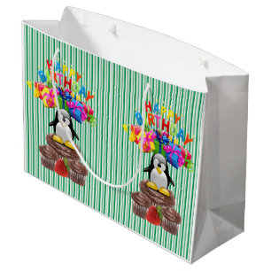 Happy Birthday Gift Bag Stripe Penguin Groot Cadeauzakje