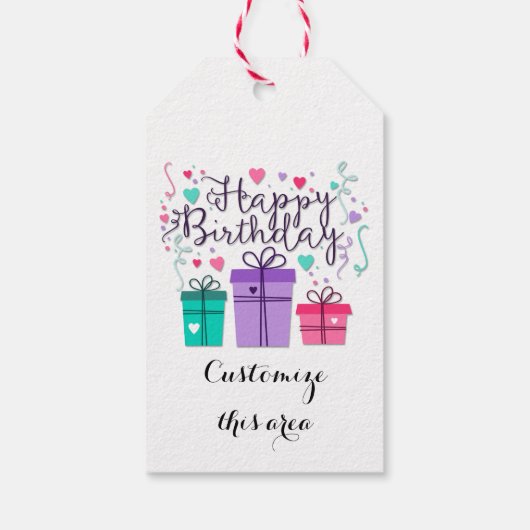 Happy Birthday Gift Boxes op White Customize Cadeaulabel (Achterkant)