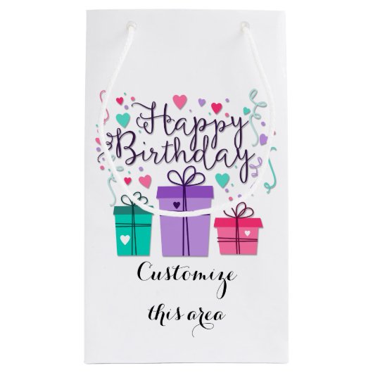 Happy Birthday Gift Boxes op White Customize Klein Cadeauzakje (Achterkant)