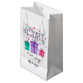 Happy Birthday Gift Boxes op White Customize Klein Cadeauzakje (Voorkant Gekanteld)