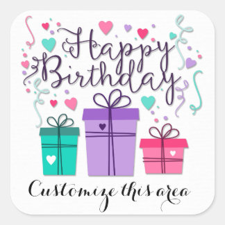 Happy Birthday Gift Boxes op White Customize Vierkante Sticker