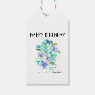Happy Birthday Gift Label, Blue Flowers Art Cadeaulabel