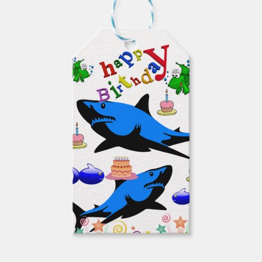 Happy Birthday Gift Labels Sharks Fish Cadeaulabel (Voorkant)