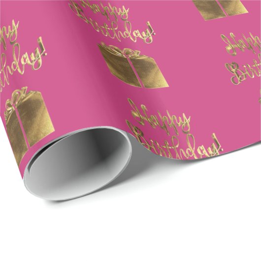 Happy Birthday Gift Pattern Pink Gold Typografie Cadeaupapier (Rol Hoek)