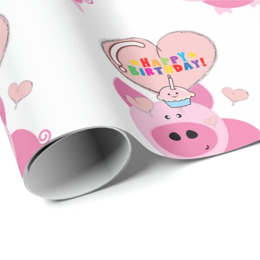 Happy Birthday Gift Wrapping Paper Pink Pig Cadeaupapier (Rol Hoek)
