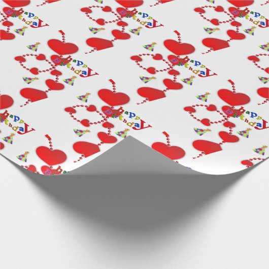 Happy Birthday Gift Wrapping Paper Red Hearts Cadeaupapier (Hoek)