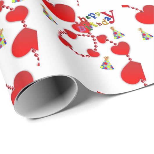 Happy Birthday Gift Wrapping Paper Red Hearts Cadeaupapier (Rol Hoek)