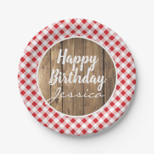 Happy Birthday Gingham Rustic Wood Picnic Party Papieren Bordje