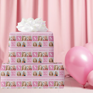 Happy Birthday Girl Cute Custom Photo Collage Pink Cadeaupapier