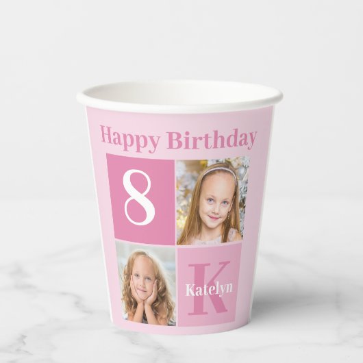 Happy Birthday Girl Cute Custom Photo Pink Party Papieren Bekers (Voorkant)