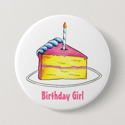 Happy Birthday Girl Pink Layer Cake Slice Candle Ronde Button 7,6 Cm (Voorkant)